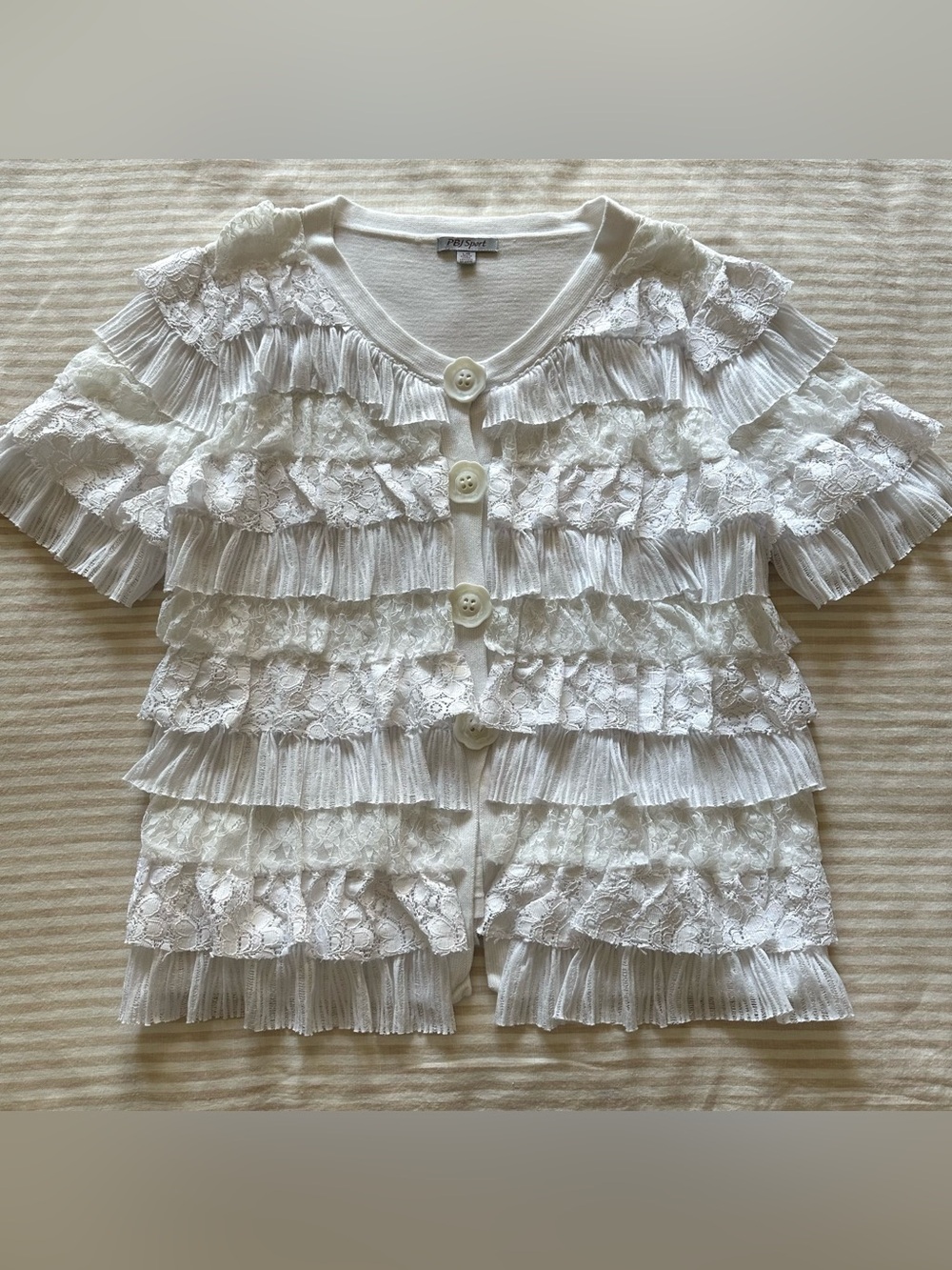 vintage y2k pbj sport super frilly ruffled white cotton cardigan / sz large